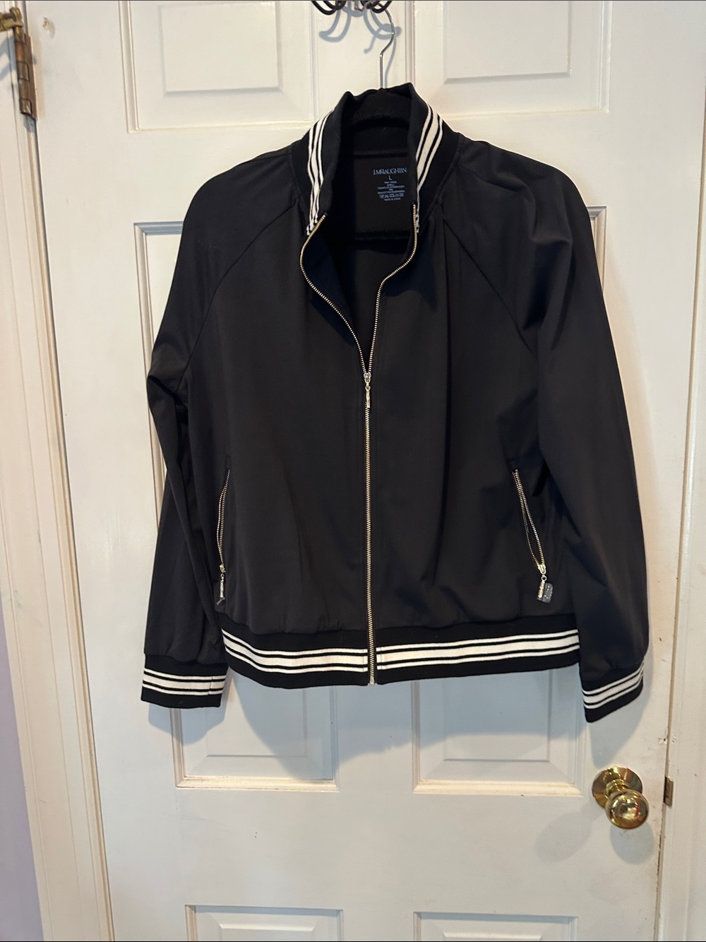 J. McLaughlin Black Bomber Jacket with White Stripe Trim